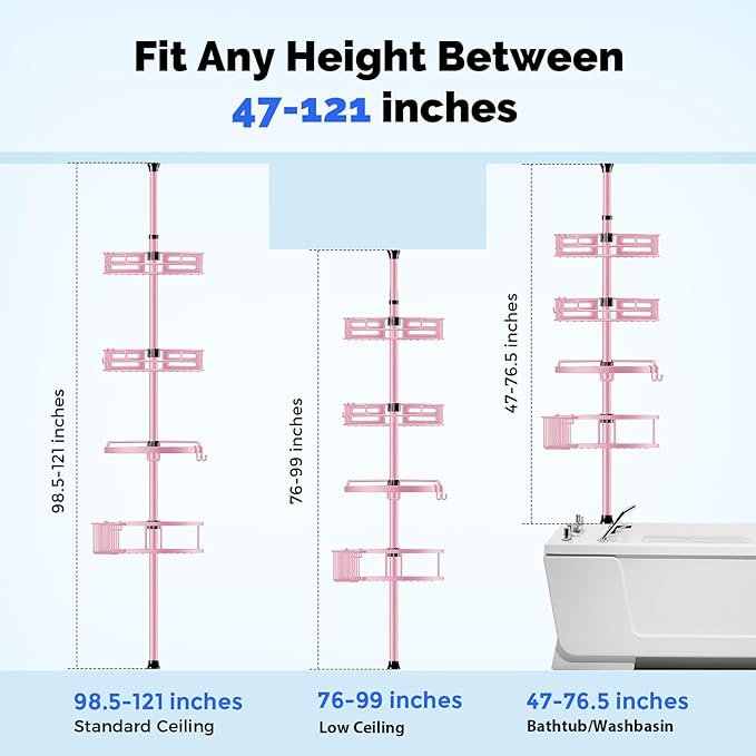 HAMITOR Corner Shower Caddy Tension Pole: Quick Installation 4-Tier Rustproof Bathroom Organizer Shelves for Bathtub Shampoo Storage - 47-121 inch Adjustable Floor Standing Bath Rack Holder - Pink
