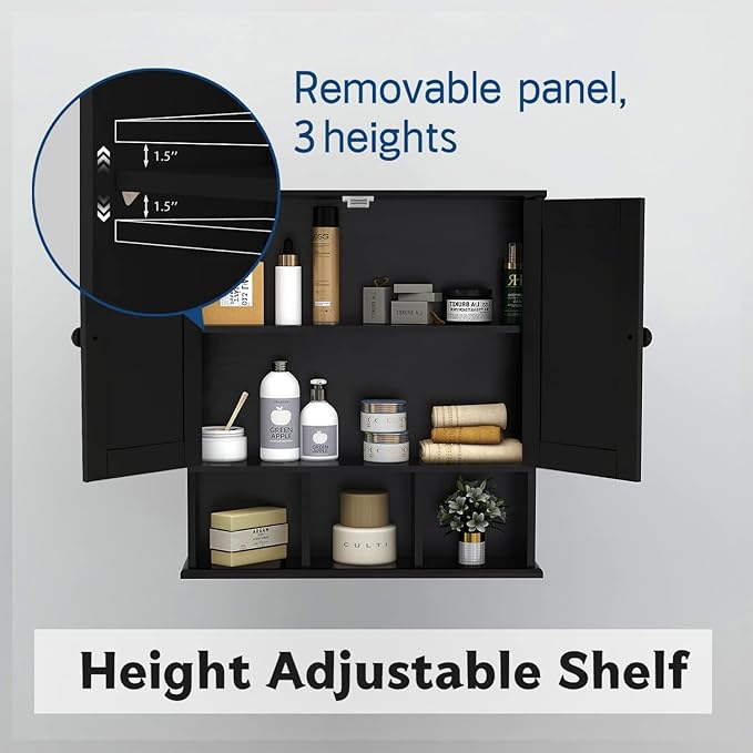 TaoHFE Black Bathroom Over The Toilet Storage Cabinet,Wall Medicine Cabinet Organizer with 2 Door Adjustable Shelves,Wooden Modern Bathroom Shelves Wall Mounted Laundry Room