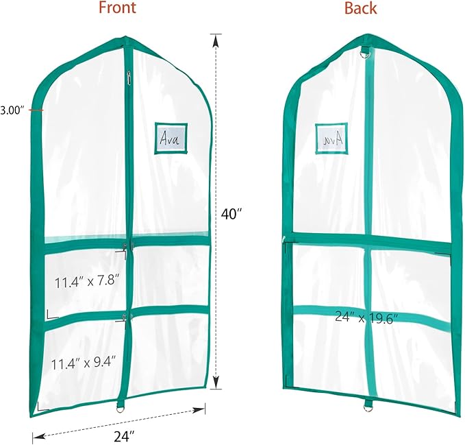 Univivi Clear Blue-green PVC Dance Costume Bags Garment Bag 40 Inch for Dance Competitions, with 4 Medium Clear Zipper Pockets and 1 Large Back Zippered Pocket (12 Pack, Clear Blue-green)