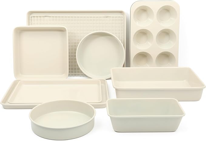 Martha Stewart Gallen 10 Piece Baking Pans Ceramic PFA Free Non Toxic Non Stick Bakeware Set - Taupe