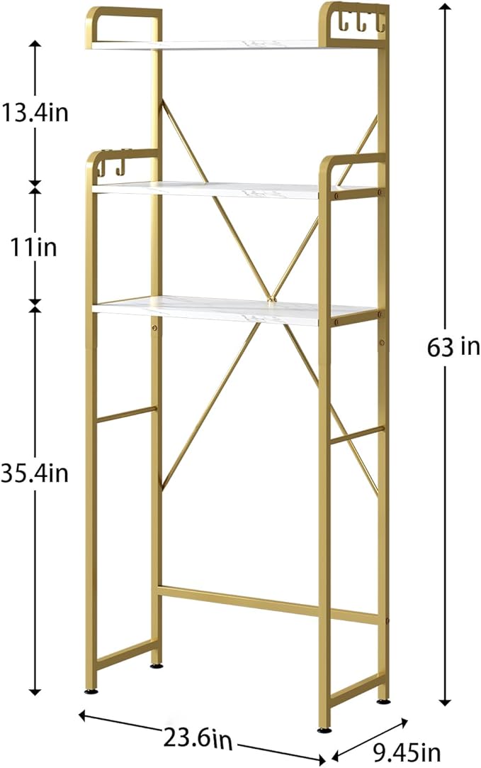 Over The Toilet Storage Rack with 3-Tier Shelves, Space Saver Toilet Shelf, Laundry Organizer with Hooks for Over Toilet Storage and Space Saver (White & Gold)