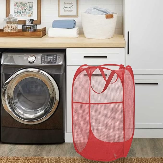 BATTOO Deluxe Strong Mesh Pop up Laundry Hamper Basket with Side Pocket for Laundry Room, Bathroom, Kids Room, College Dorm or Travel Red