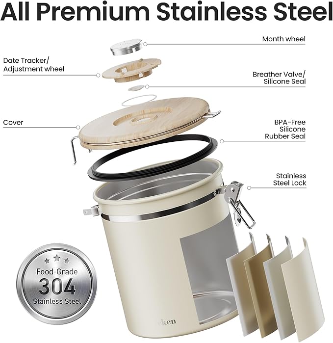 Veken Coffee Canister, Airtight Stainless Steel Kitchen Food Storage Container with Date Tracker and Scoop for Beans, Grounds, Tea, Flour, Cereal, Sugar, Cookie, 16OZ, Cream