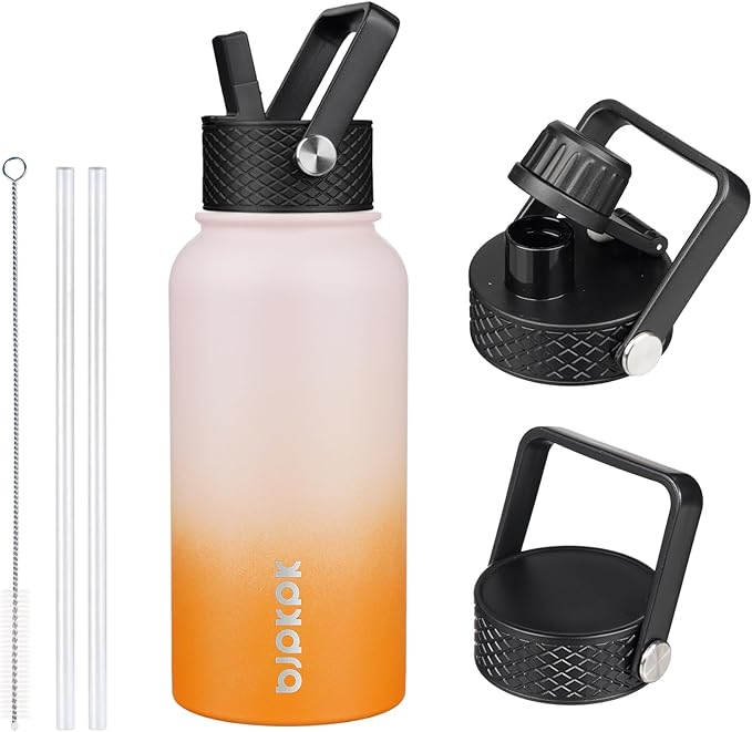BJPKPK Insulated Water Bottles with Straw Lid, 27oz Stainless Steel Water Bottle with 3 Lids, Leak Proof BPA Free Metal Thermo, Mugs, Tumblers, Keep Cold Hot - Coral