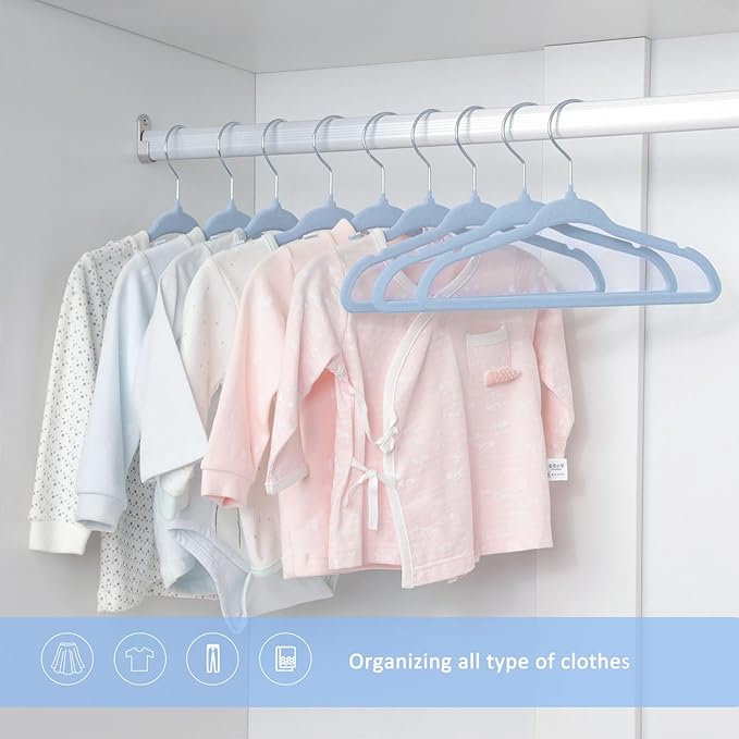 ManGotree Velvet Baby Clothes Hangers, Baby Toddler Kids Hangers with Swivel Hook, Notched Shoulder Design for Kids and Children Clothes (30 Pack, Blue)