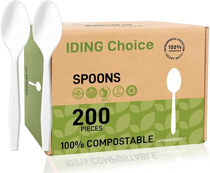 IDING Choice 100% Compostable 200 Count No Plastic Spoons, Plastic Utensils, The Heavyweight Heavy Duty Flatware is Eco-Friendly Products for Lounge Party Wedding Office BBQ Picnic Camping.