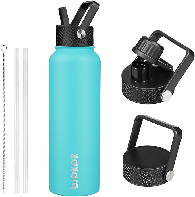 BJPKPK Insulated Water Bottles with Straw Lid, 40oz Stainless Steel Water Bottles with 3 Lids, BPA Free Leakproof Thermo, Tumblers, Cups for Sports, Gym- Turquoise
