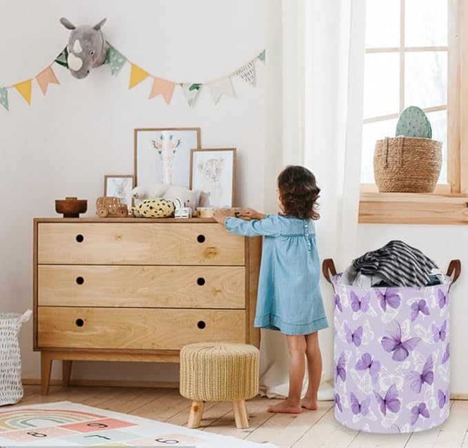 Kids Laundry Hamper,Butterfly Laundry Basket Collapsible Girls Storage Baskets for Home Decor,Office,Toy Organizer,(Purple Butterfly