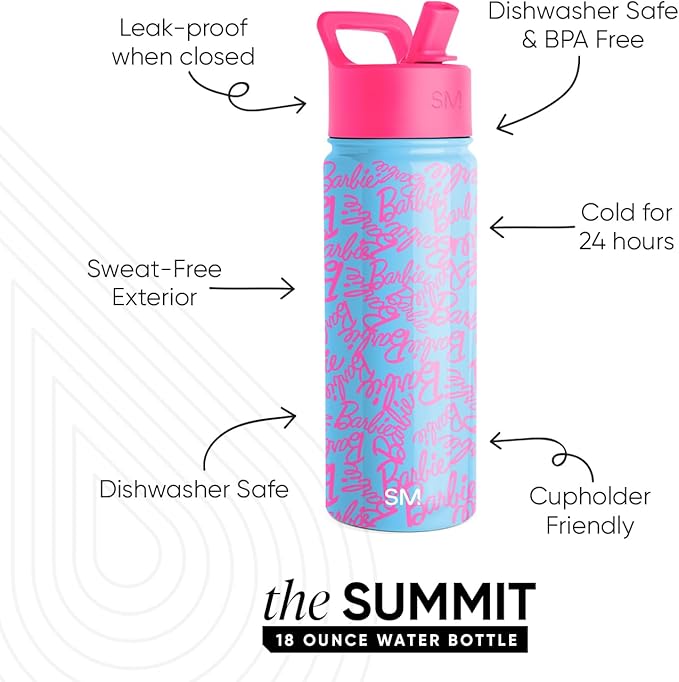 Simple Modern Kids Summit Water Bottle with Straw Lid | Mattel Barbie 18oz Stainless Steel Cup Insulated Tumbler for Girls, School | Barbie Cursive