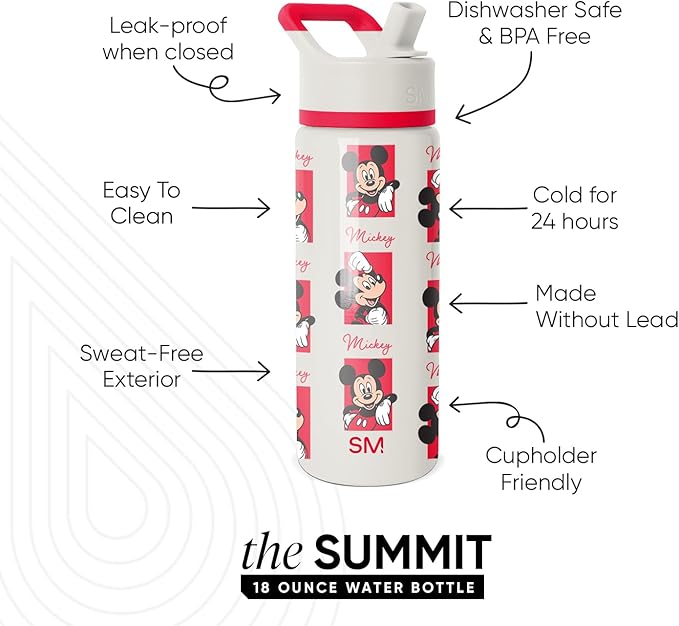 Simple Modern Kids Summit Water Bottle with Straw Lid | Disney Mickey Mouse 18oz Stainless Steel Cup Insulated Tumbler for Boys, Girls, School | Mickey Montage