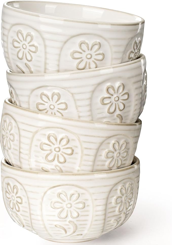 Artena Small Bowls Set of 4, 12 oz Ceramic Embossment Dessert Bowls, white Bowl for Kitchen, Ice Cream, Side Dishes, Rice, Cereal, Fruit, 4.5 Inch, Microwave & Dishwasher Safe, Wheat Leaf