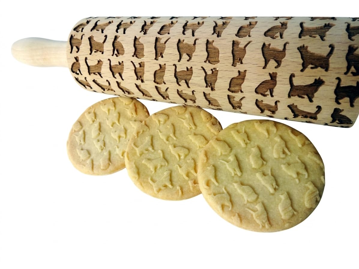 CATS embossing rolling pin. Wooden embossing rolling pin with cats