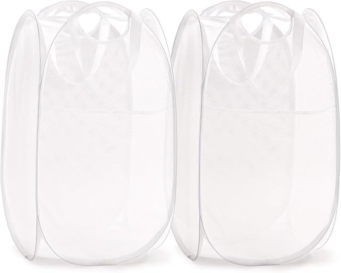 TECHMILLY Collapsible Mesh Pop Up Laundry Hamper with Sturdy Handles and Side Pocket - Portable Foldable Clothes Baskets for Dorm, Bathroom & Travel Storage (White, 2 Packs)
