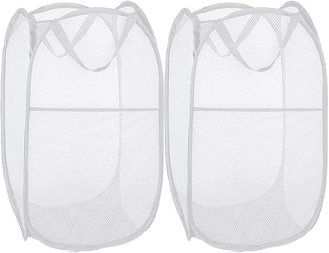 BATTOO Deluxe Strong Mesh Pop up Laundry Hamper Basket with Side Pocket Foldable Hamper for Laundry Room, Bathroom, Kids Room, College Dorm or Travel White + White