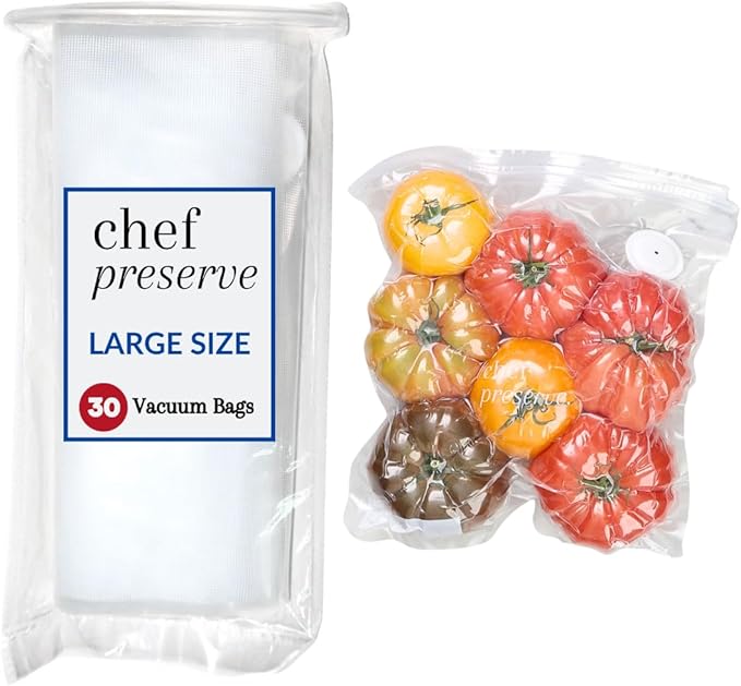 Chef Preserve Reusable Vacuum Sealer Bags for Food - 30 BPA-Free Small (8 x 10 in) Food Storage Bags, Freezer, Microwave - Odor-Resistant, Leak-Proof - Compatible with Chef Preserve Vacuum Sealers