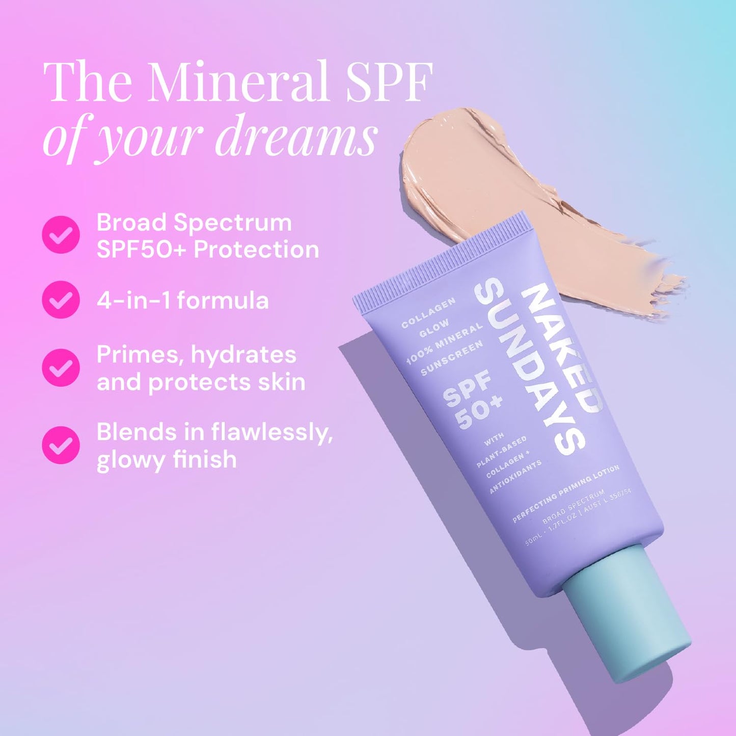 Naked Sundays SPF 50 Daily Facial Moisturizer, All-in-one Mineral Sunscreen, Face Lotion, Makeup Primer with Broad Spectrum UVA/UVB + Zinc Oxide, 50ml