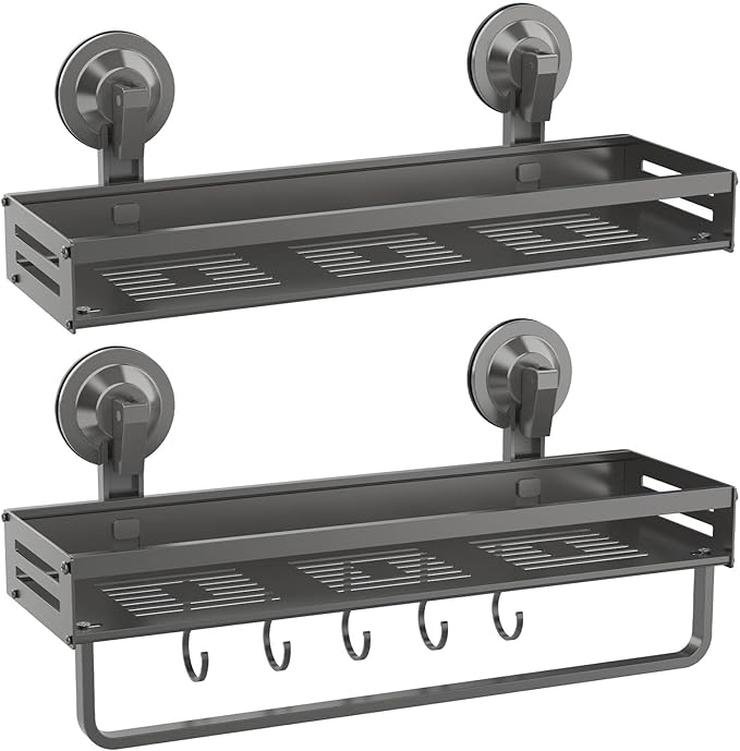 Onemake Shower Caddies Suction Cup, 2 Pack 15.7 inch Aluminum Suction Showers Organizer with Towel Bar & Hooks, Rustproof Shower Shelves, No Drilling Bathroom Shelf Storage Rack, Gray
