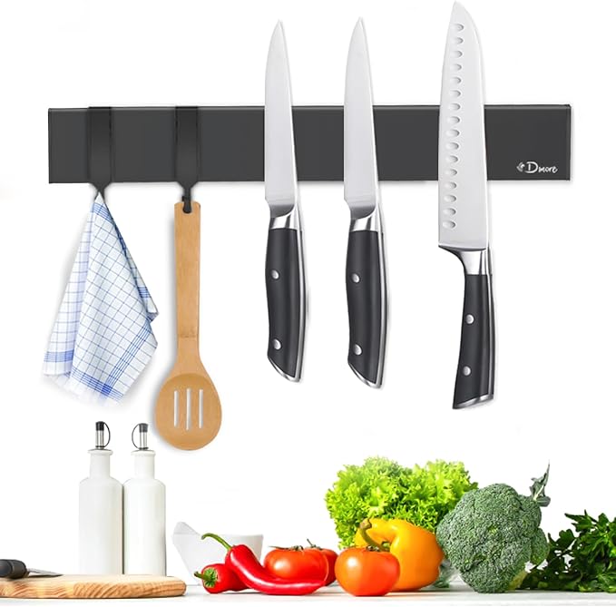 Dmore magnetic knife holder for wall—with 2 hooks, No Drilling 20 Inch walnut knife magnetic strip, Powerful knife magnet rack, include Adhesive Tape and screws for Knives, Utensils, and Tools