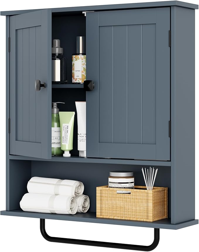 RRX Bathroom Cabinet Wall Mounted Medicine Cabinets with Towels Bar, Over The Toilet Storage Cabinet with 2 Doors and Adjustable Shelf, White Wall Cabinet for Bathroom Laundry Kitchen,Gray