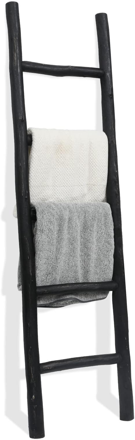 FUIN Fully Assembled 57in Wood Blanket Ladder Living Room Decorative Wall Leaning Farmhouse Quilt Display Holder Rustic Wooden Towel Rack for Bathroom, Black