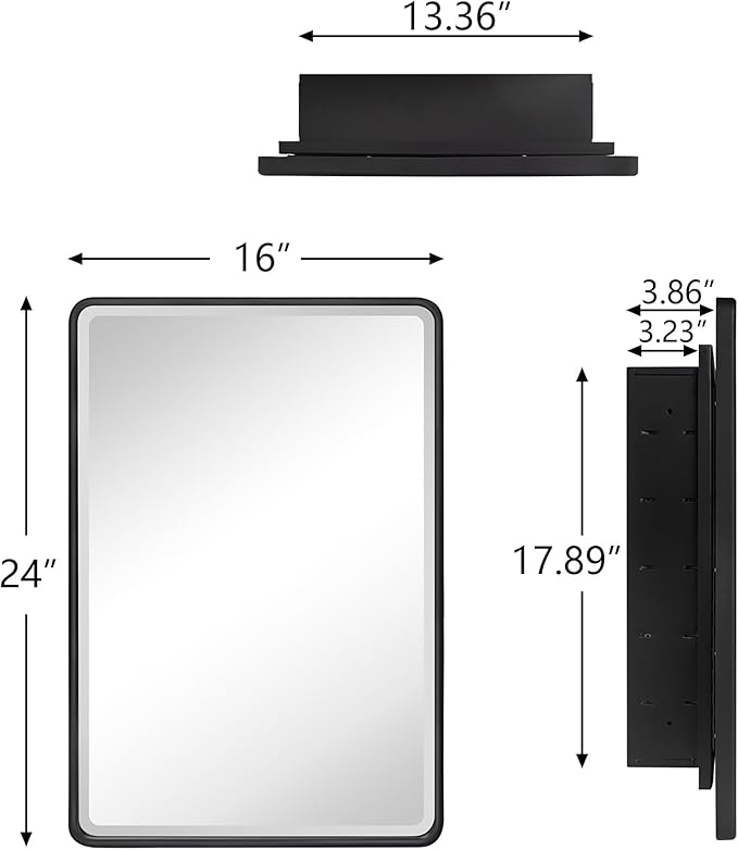 TEHOME Farmhouse Chrome Metal Framed Recessed Bathroom Medicine Cabinet with Mirror Rounded Rectangle Medicine Cabinet with Beveled Mirror, 16x24''