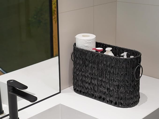 Black Toilet Paper Storage Basket,Large Free Standing Toilet Paper Organizer,Waterproof Narrow Wicker Basket for Bathroom,Under Sink,or Cabinet