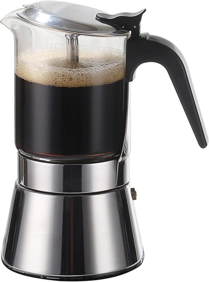 SIXAQUAE Moka Induction Stovetop Espresso Maker,Crystal Glass-top & Stainless Steel Espresso Moka Pot,Classic Italian coffee maker,240ml(6cup)