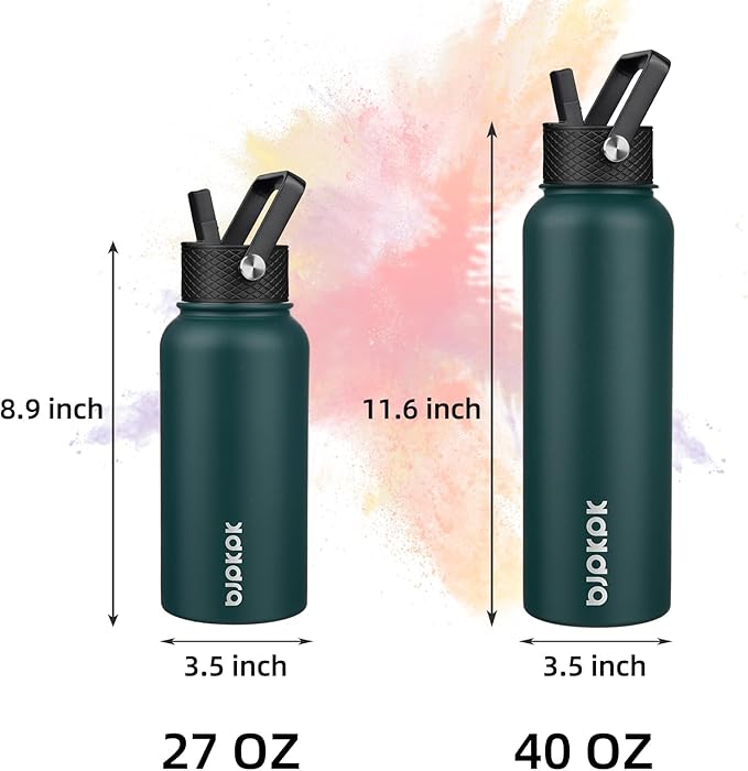 BJPKPK Insulated Water Bottles with Straw Lid, 27oz Stainless Steel Water Bottle with 3 Lids, Leak Proof BPA Free Metal Thermo, Mugs, Tumblers, Keep Cold Hot - Army Green