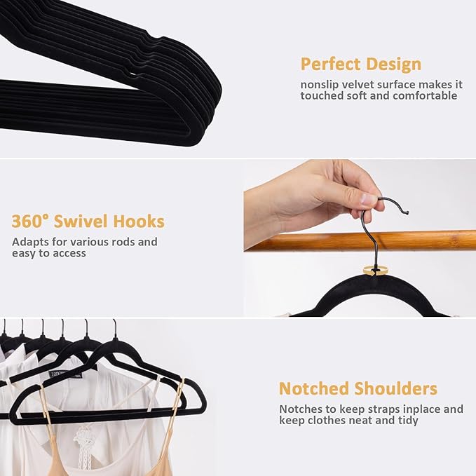 Pack of 60 Velvet Hangers, Space-Saving Heavy Duty Clothes Hangers for Suit, Non-Slip, 0.2 Inches Slim, 17.7 Inches Wide, 360° Swivel Black Hook - Black