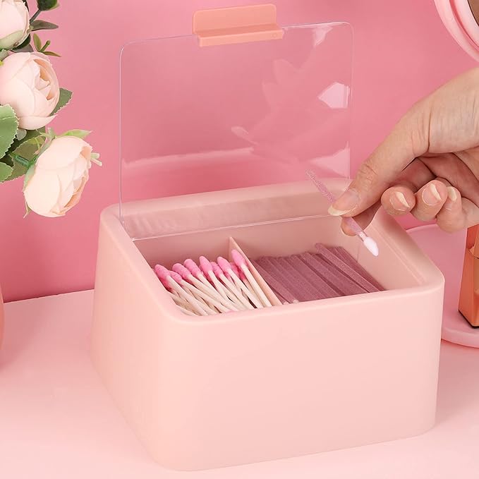 Tecbeauty 2pcs Qtips Holder Dispenser Cotton Swabs Storage Organizer Plastic Bathroom Canisters with Hinged Lids, Divide 2 Grids