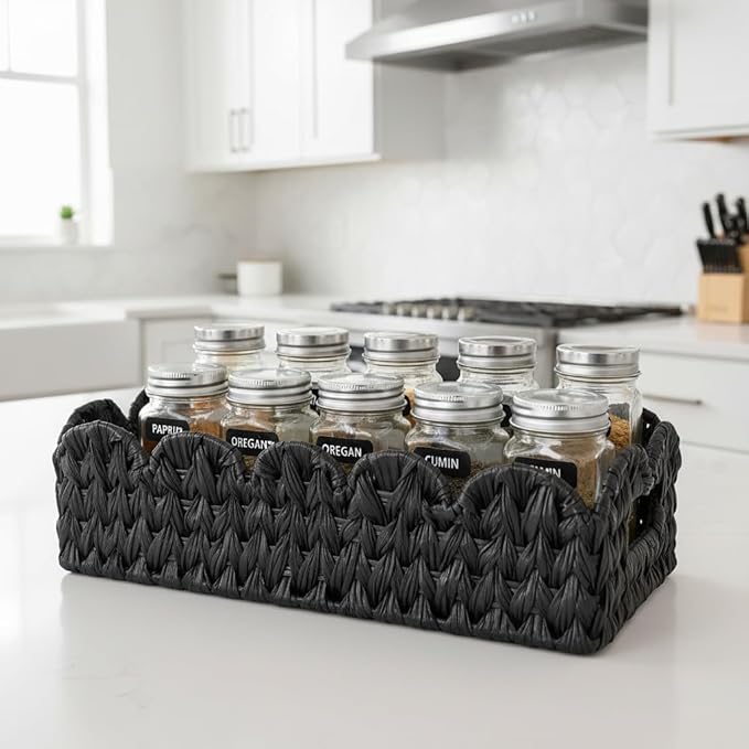 Black Toilet Basket,Scalloped Wicker Basket for Toilet Paper Storage,Small Slim Storage Baskets for Shelf,Bedroom,Living Room,Rectangle