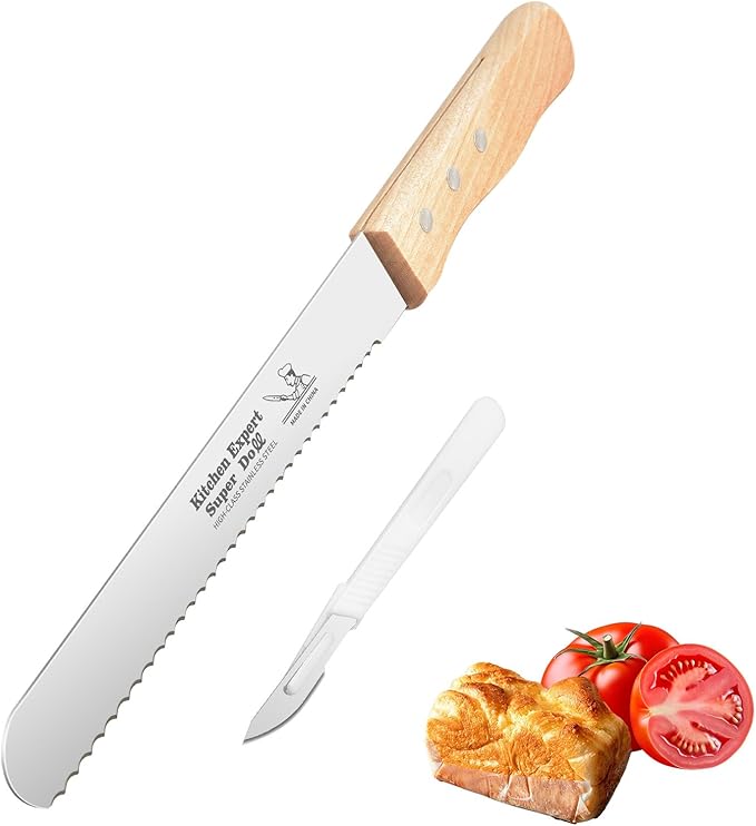 LenDLY 2-Pack Bread Knife & Bread Lame Set: 10" Premium Stainless Steel Serrated Knives Blade with Wood Handle for Homemade Bread, Sourdough Tomato, Bagel + Dough Scoring Tool for Razor Sharp Carving