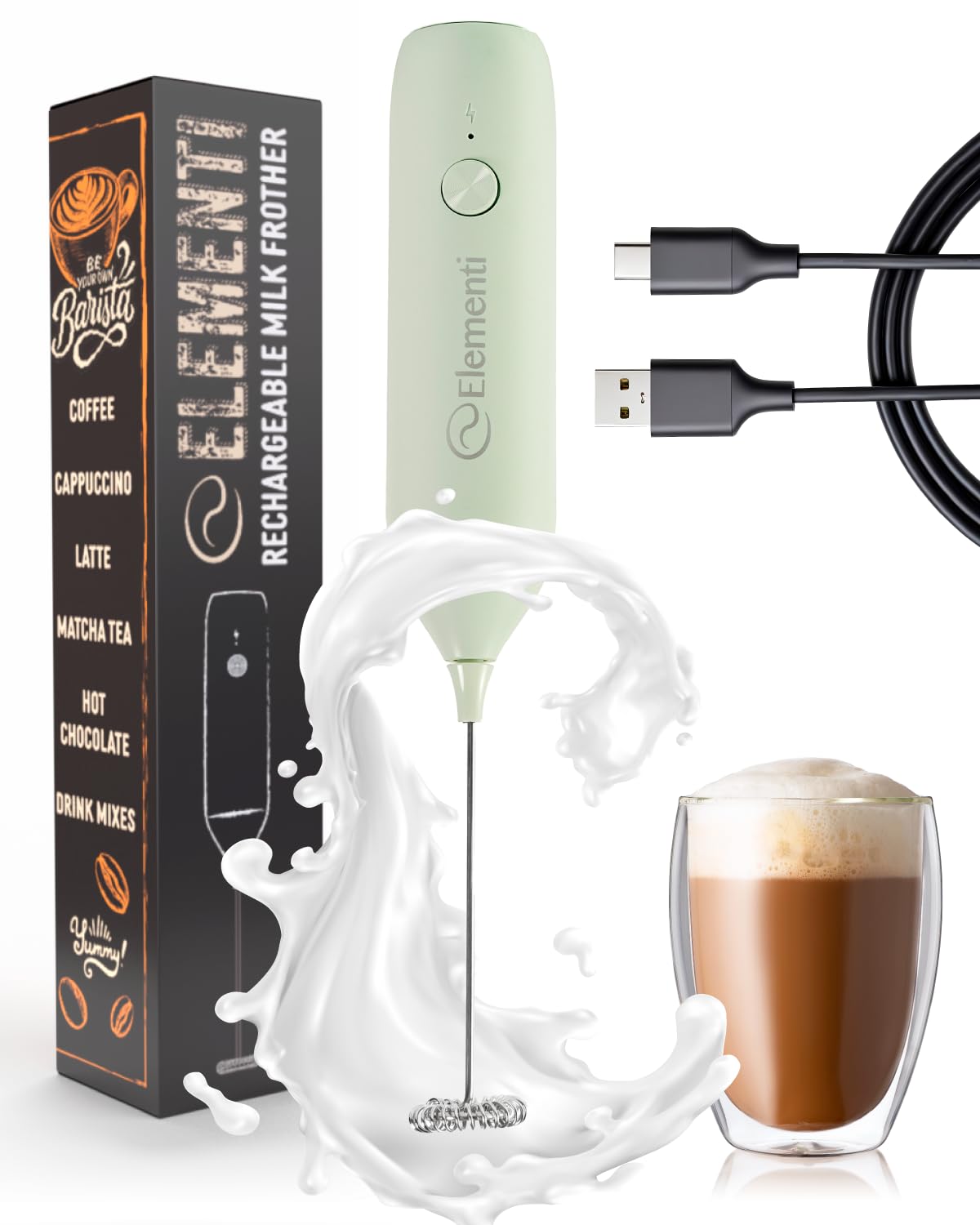 Elementi Rechargeable Milk Frother Wand & Drink Mixer Handheld - Powerful USB-C Rechargeable Frother - Hand Held Milk Foamer Whisk to Make Perfect Cappuccinos, Lattes & Drink Mixes (Mint Green)