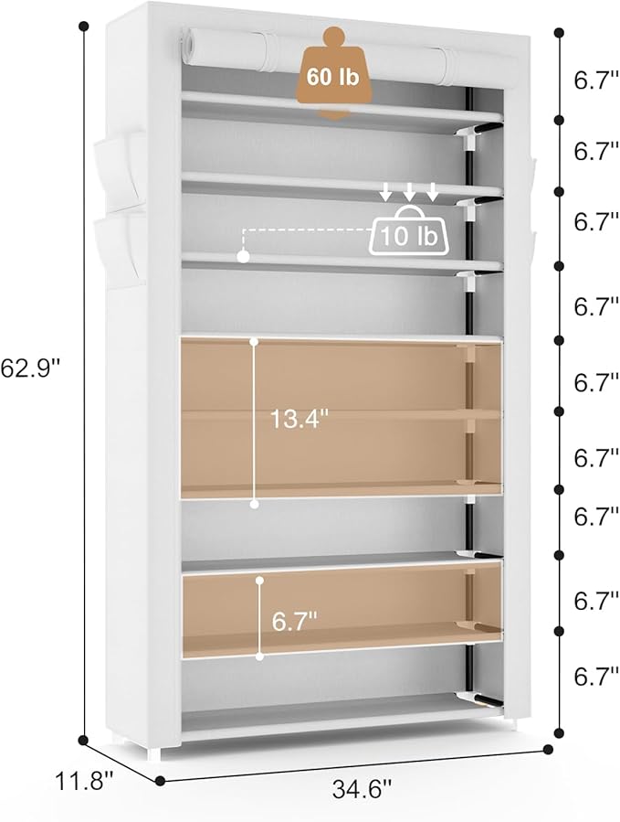 Shoe Rack with Cover Narrow Shoe Organizer with Pockets 10 Tier Tall Shoe Storage Holds 36-41 Pairs Shoes and Boots Shoe Rack for Closet Entryway Garage, White