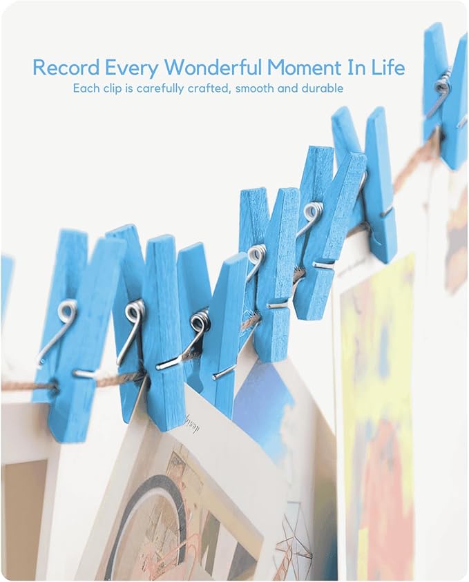 Blue Clothes Pins for Baby Shower, Mini Wooden Clothespins 1.4 Inch 50 PCS, Colored Tiny Clips Close Pin for Classroom Crafts Project Decorations Hanging Artwork Display Pegs