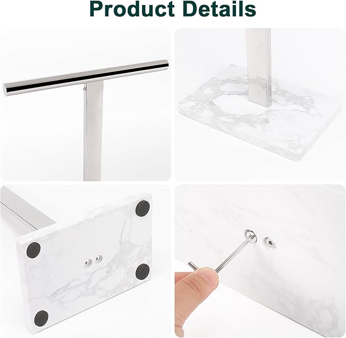 Hand Towel Holder, T-Shape Hand Towel Stand for Bathroom, Hand Towel Rack Bar Standing for Vanity Kitchen Countertop, 304 Stainless Steel, Marble Base (Chrome)
