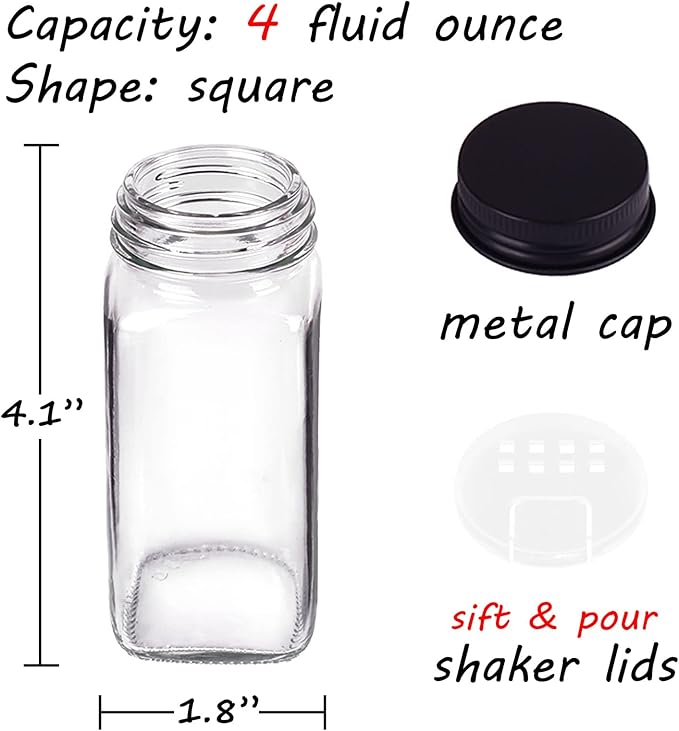 Churboro 48 Spice Jars with 547 Labels- Glass Spice Jars with Black Metal Caps, 4oz Empty Spice Containers with Shaker Lids, Funnel, Chalk Pen, Square Seasoning Bottles for Spice Rack, Drawer, Cabinet