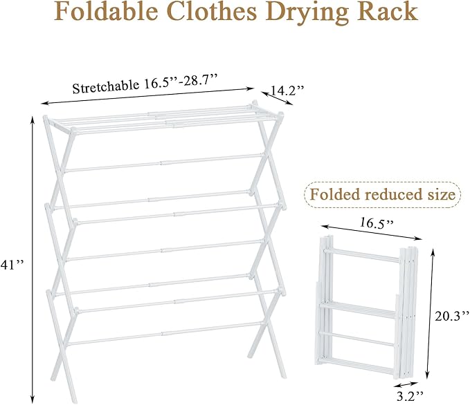 Foldable Drying Rack Clothing, 3-Tier Portable Clothes Drying Racks for Indoor & Outdoor, Anti-Rust Compact Laundry Rack Collapsible, White 29" D x 14" W x 41" H