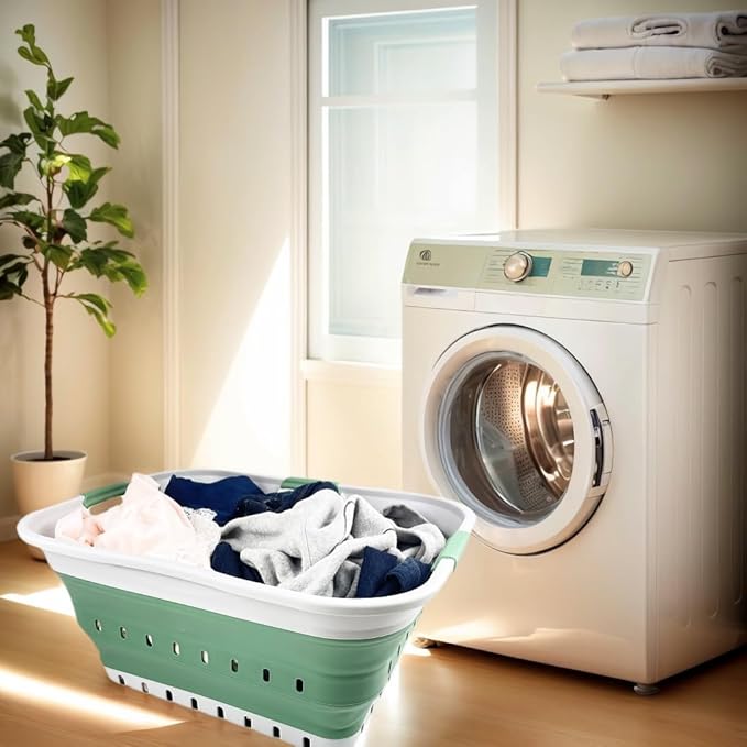SAMMART 42L (11 gallon) Collapsible Plastic Laundry Basket - Foldable Pop Up Storage Container/Organizer - Portable Washing Tub - Space Saving Hamper/Basket (Grey/Dark Sea Green)