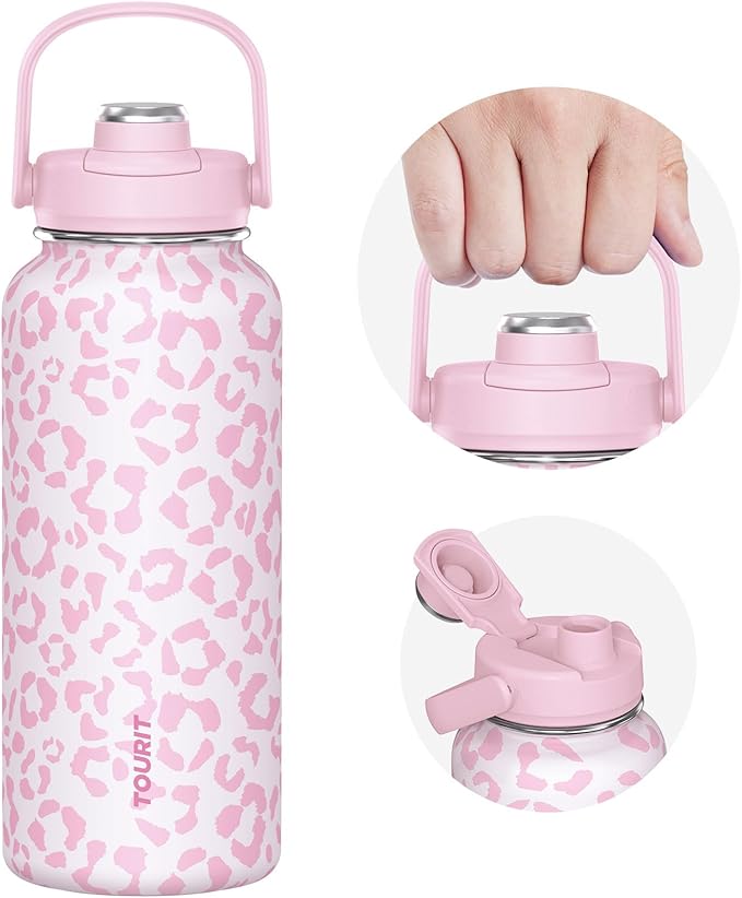 TOURIT 32 oz Insulated Water Bottle, Stainless Steel Sports Water Bottles With Top Handle, Double-Wall Travel Thermal Water Flask, BPA Free Leakproof Water Bottle,Pink leopard print