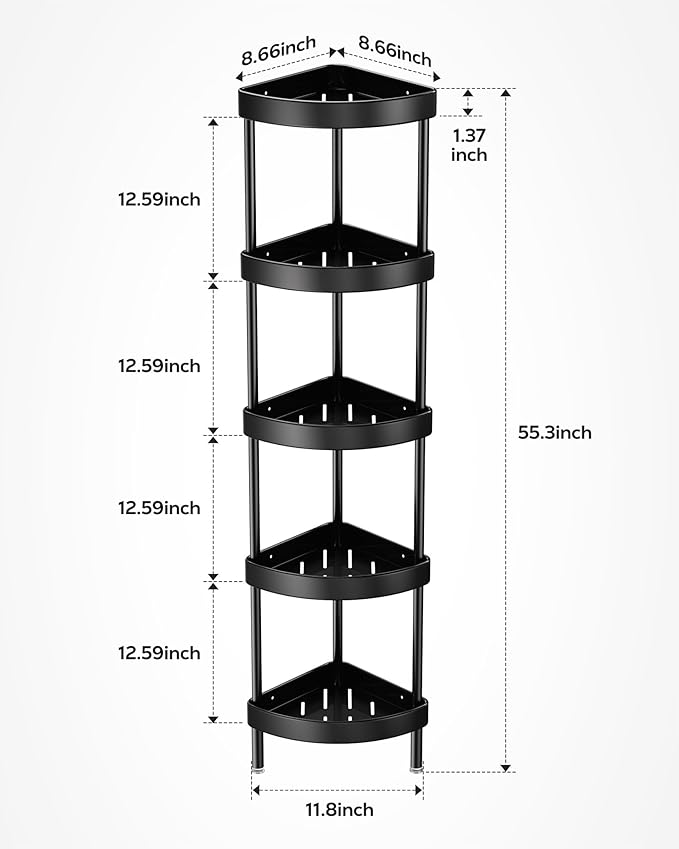 Nieifi Corner Shower Caddy Stand-5 Tier Rustproof Anodized Aluminum Standing Shower Organizer-Shower Caddy Corner-Dual Stability to Anti-Shaking-Height-Adjustable Legs for Uneven Surfaces-Black
