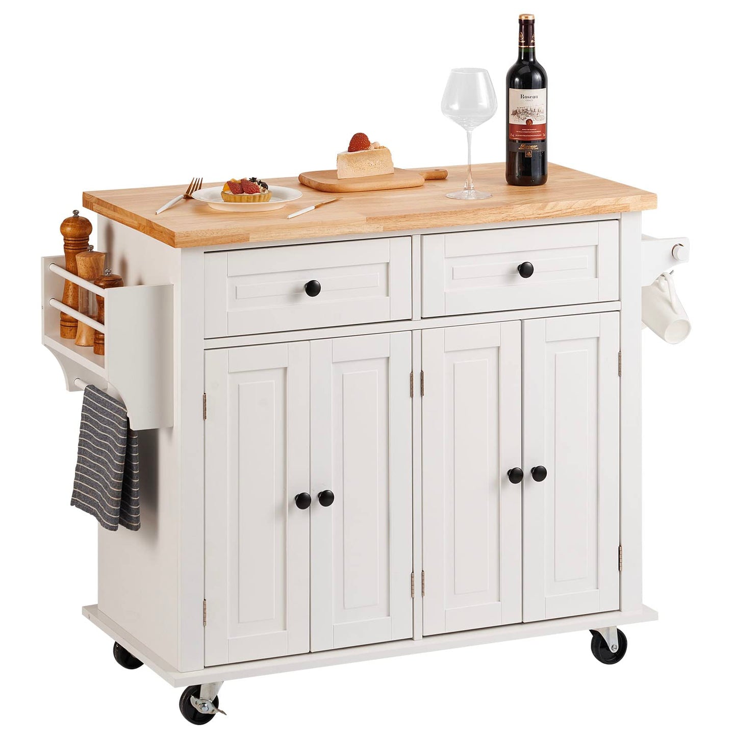 VEVOR Kitchen Island Cart with Single Door Cabinet, Mobile Carts with Drawer, Towel Rack, Hooks, Portable Table on Swivel Wheels, Small Coffee Islands Microwave Stand for Dining Room, 18x23 in, White