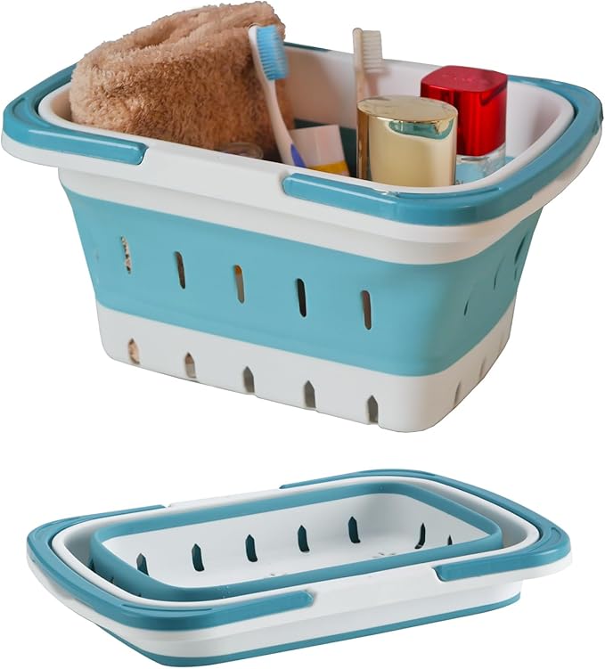 Portable Folding Plastic Bath Caddy with Handle, Perforated, Travel Bathroom Organizer for Bedroom, Bathroom, Shower, Dorm Room, Camping and RV Use (Blue, 1 pack)