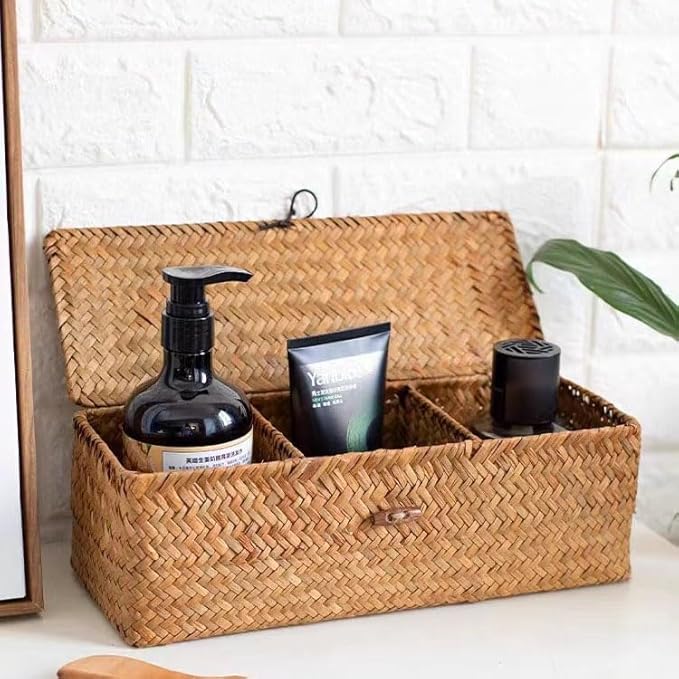 Seagrass Storage Basket for Bathroom - Wicker Toilet Tank Basket with Lid - Woven Narrow Organizer (16.5" x 5.5" x 5.5")