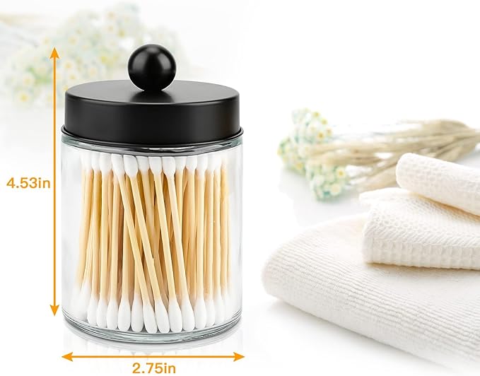 2 Pack Glass Apothecary Jars with Lids for Bathroom, Cute Qtip Holder, Black Bathroom Accessories Set, Small Bathroom Canisters with Lids for Q-Tips, Cotton Swabs, Black Bathhouses Decor
