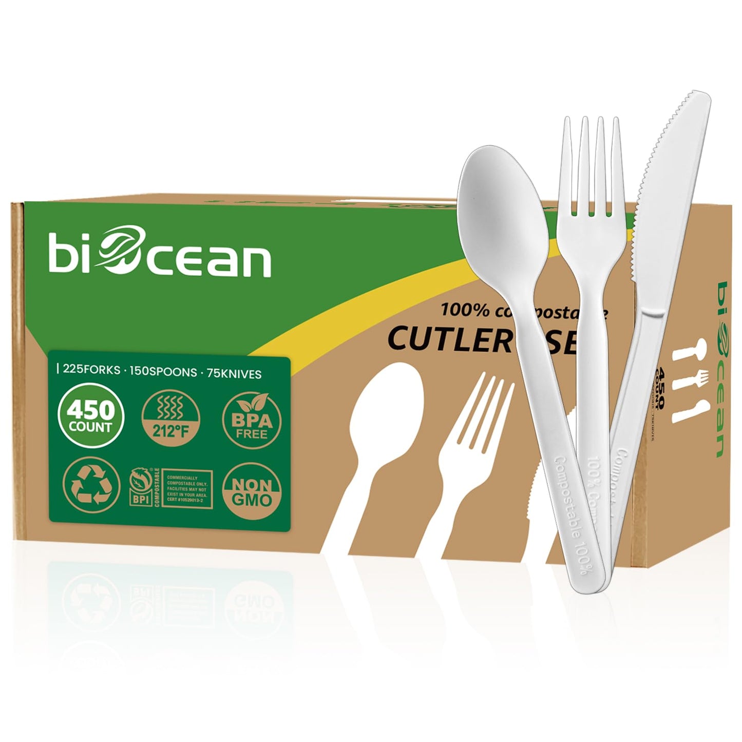 Biocean 100% Compostable Forks 60 Count Disposable Forks Heavy Duty Utensils Set Fork Silverware Eco Friendly Flatware Plastic Free for Party Camping Picnics Wedding-Ivory White