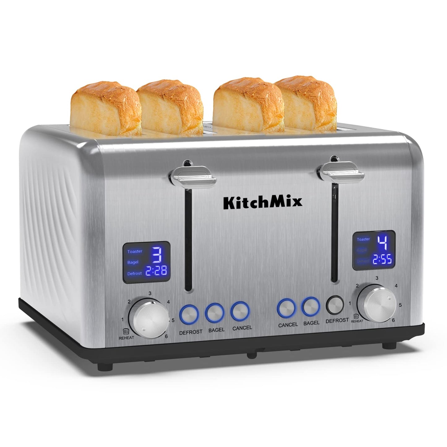 Toaster 4 Slice, KitchMix Bagel Stainless Toaster with LCD Timer, Extra Wide Slots, Dual Screen, Removal Crumb Tray (White)