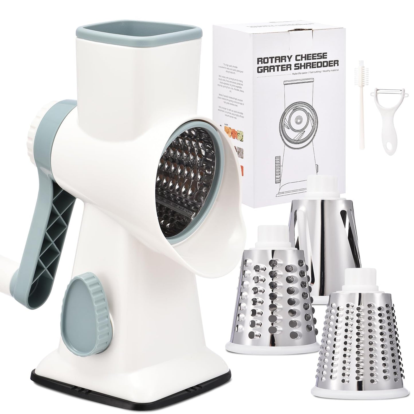 Rotary Cheese Grater with Handle Kitchen Shredder Slicer Grater Slicer Ice Shaver Cheese Vegetable Nuts Potato Zucchini Chocolate 3 Interchangeable Blades (Grey TSP)