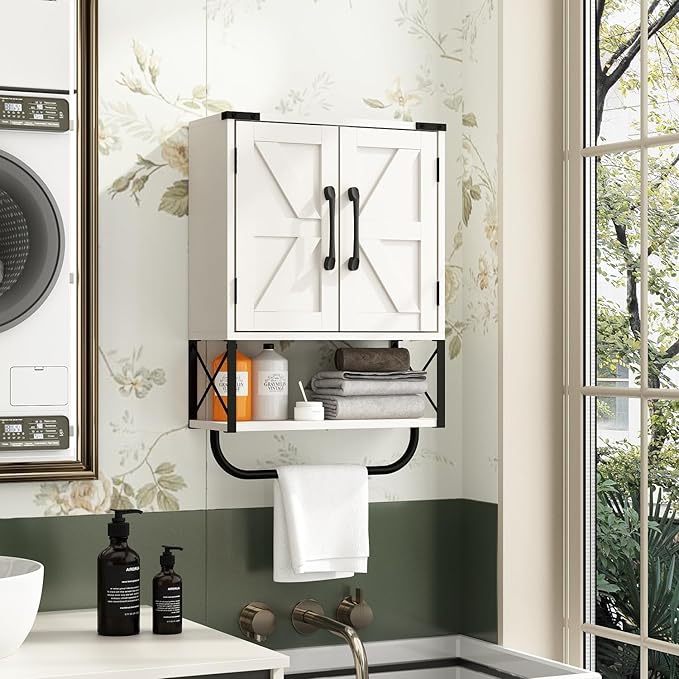 RUSTOWN Farmhouse Rustic Medicine Cabinet with Two Barn Door,Wood Wall Mounted Storage Cabinet with Adjustable Shelf and Towel Bar, 3-Tier Cabinet for Bathroom, Living Room(Vintage White)