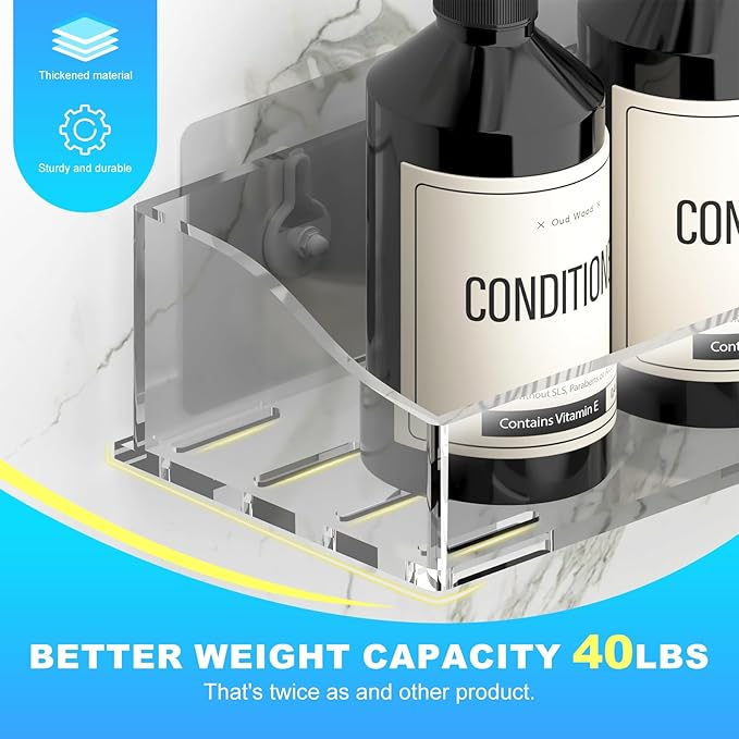 Acrylic Shower Shelves 3 Pack, Clear Adhesive Shower Organizer - No-Drill Wall Mount Storage Rack, Versatile Caddy for Bathroom & Kitchen (Transparent)